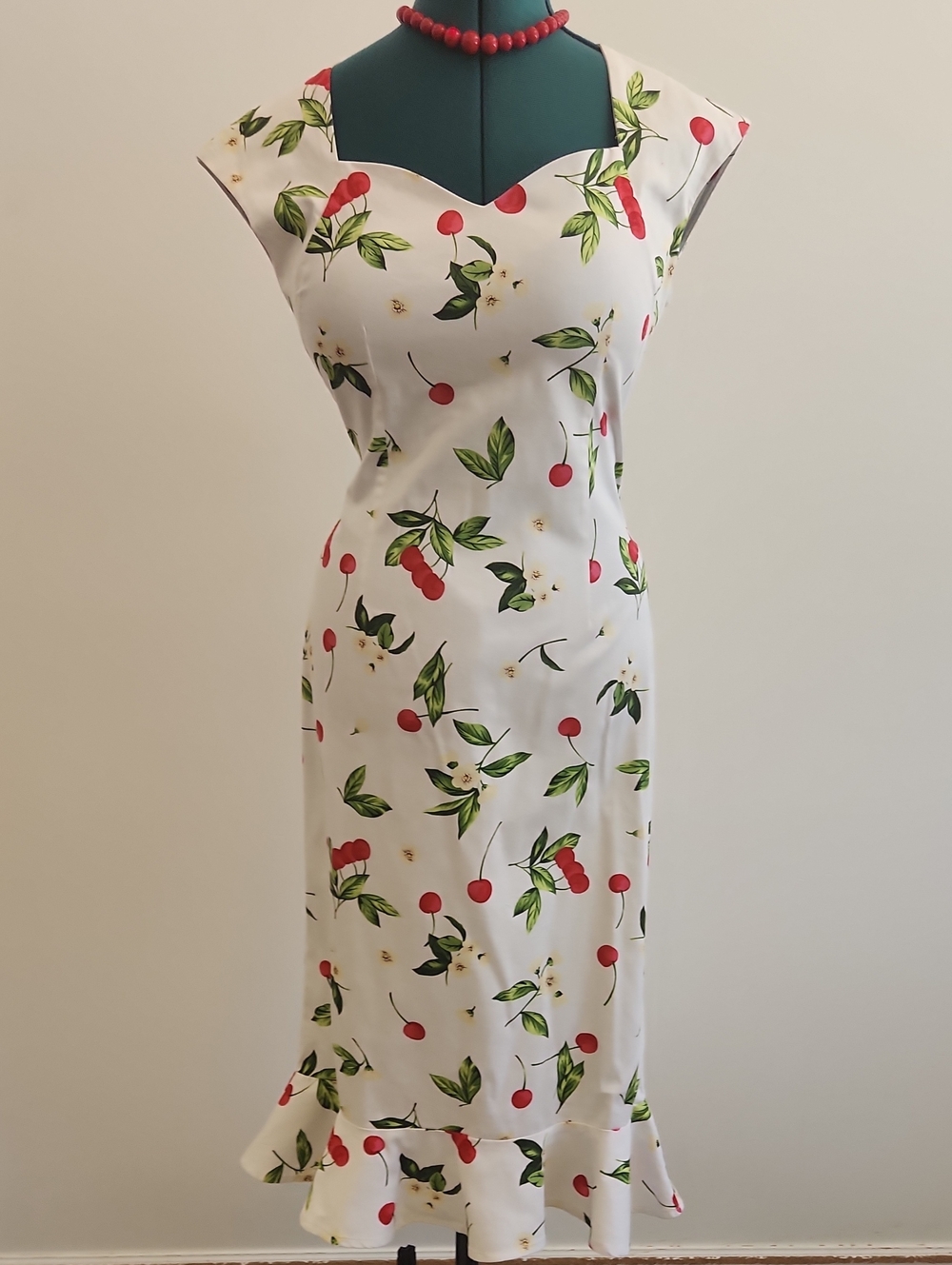 🍒 Bettie Page White Wiggle Dress with Red Cherry & Green Leaf Print